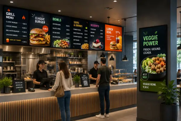 Ein Quick Service Restaurant mit digitalen Menüboards über der Verkaufstheke