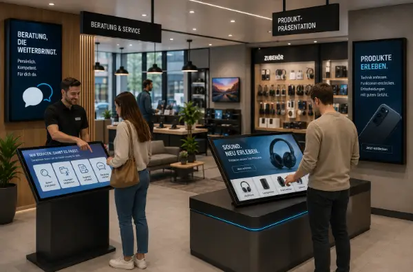 Ein Mitarbeiter berät eine Kundin an einem Touch-Terminal, während ein weiterer Kunde Kopfhörer an einem interaktiven Produkttisch erkundet.