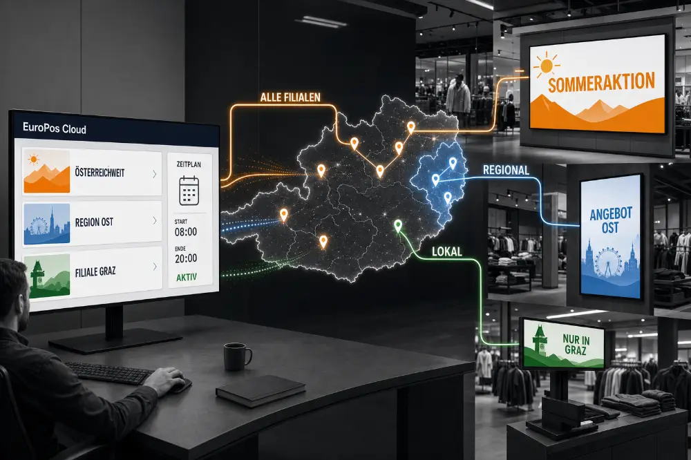 Digital Signage für Filialnetzwerke mit zentraler Steuerung von Kampagnen und regionalen Inhalten