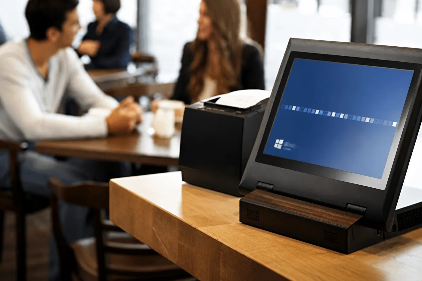 Modernes Kassensystem mit Touchscreen und Bondrucker in einem Restaurant