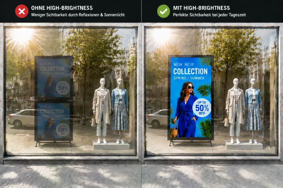 Vergleich eines Schaufenster-Displays ohne und mit High-Brightness Technologie bei Sonneneinstrahlung