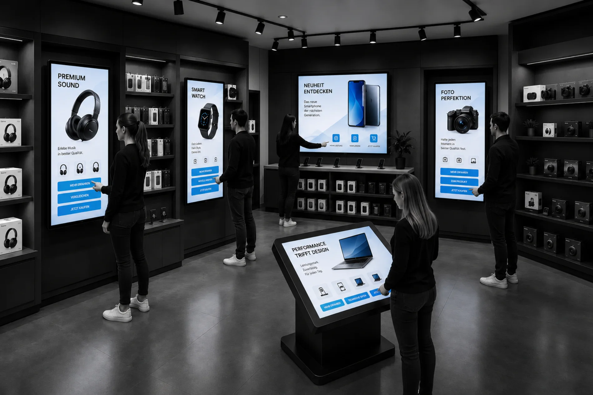 Kunden bedienen Touch-Displays mit Informationen zu Kopfhörern, Smartwatches, Smartphones, Kameras und Notebooks im Elektronikgeschäft.