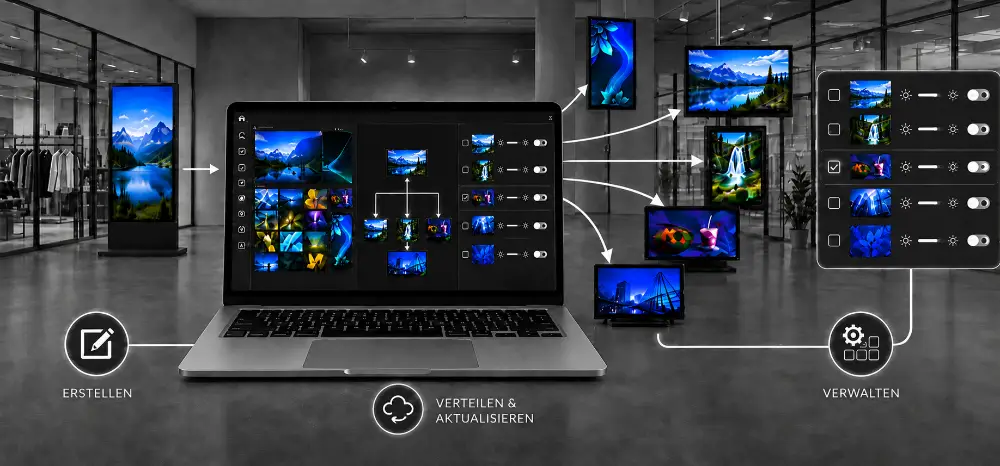 Zentrales Dashboard verbindet Inhaltsverwaltung, Planung und mehrere Displays
