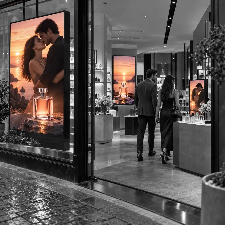 Parfümerie mit aufeinander abgestimmter Parfümwerbung auf Displays im Schaufenster, im Verkaufsraum und am Produkttisch