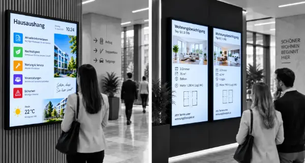 Besucher vor einem digitalen Hausaushang und zwei Displays mit Wohnungsangeboten in einem modernen Gebäude.