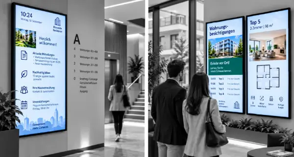 Zwei Ansichten mit digitalen Infodisplays im Gebäudeeingang: Hausinformationen sowie Wohnungsangebote mit Grundriss.