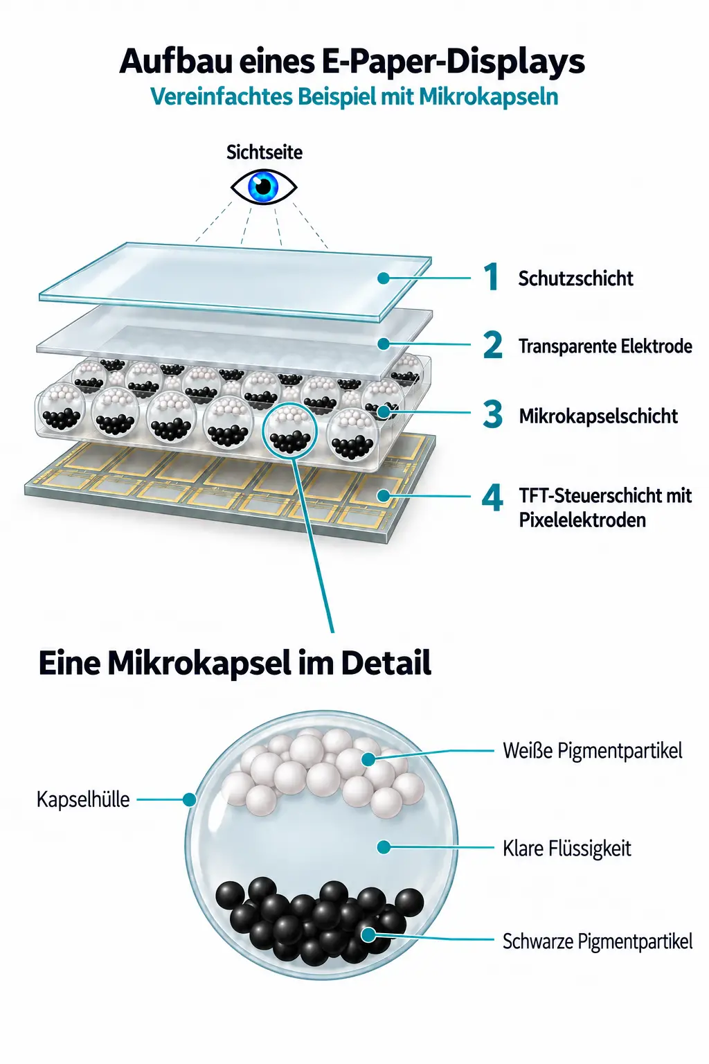 Schichten eines E-Paper-Displays mit Schutzschicht, transparenter Elektrode, Mikrokapseln und TFT-Steuerschicht sowie einer vergrößerten Mikrokapsel.