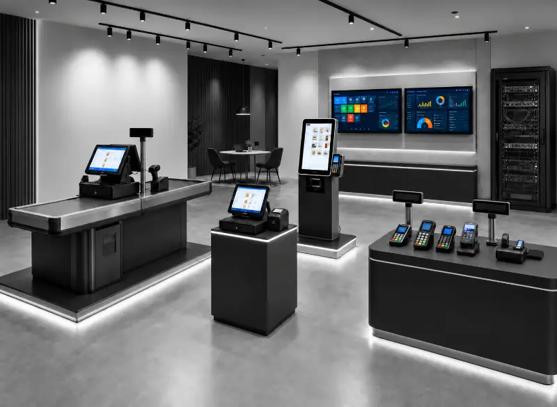 Ausstellungsraum mit Handelskassenplätzen, Selbstbedienungsterminal und ergänzender moderner Kassentechnik