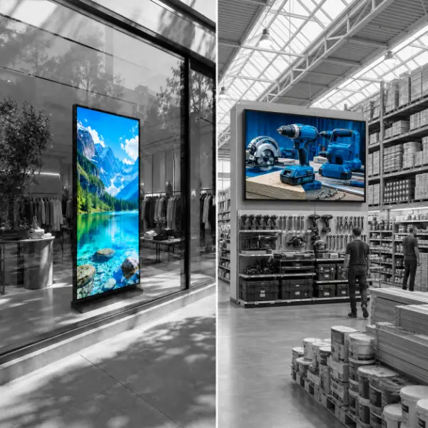 Displays mit Landschafts- und Fahrzeugmotiven in lichtdurchfluteten Innenräumen