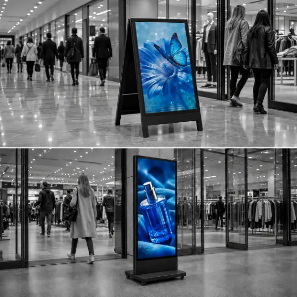 Digitaler Kundenstopper und eine freistehende Displaystele in einem Einkaufszentrum
