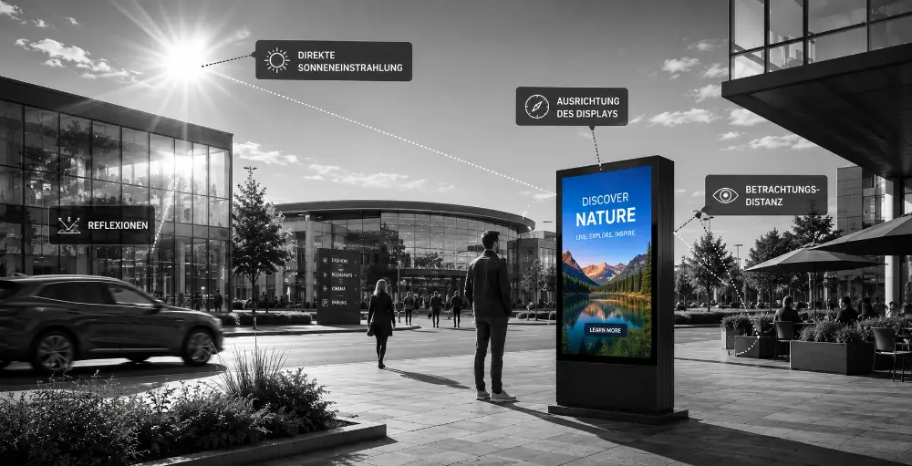 Outdoor Display mit Sonneneinstrahlung, Reflexionen und Betrachtungsdistanz