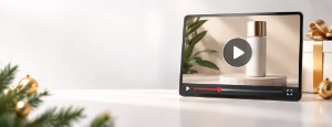 Bildschirm mit einem Produktvideo zu einem Flakon, umgeben von Pflanzen und Geschenkverpackungen