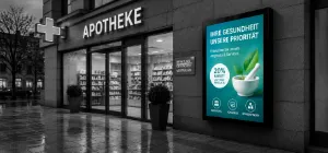 Screen-Kommunikation Outdoor Display beim Eingang einer Apotheke