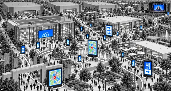 Vogelperspektive einer Messehalle mit verteilten digitalen Informations- und Orientierungsanzeigen