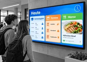 Zwei Jugendliche betrachten einen Screen im Schulflur mit Vertretungsplan, Terminen und einem Mensagericht.