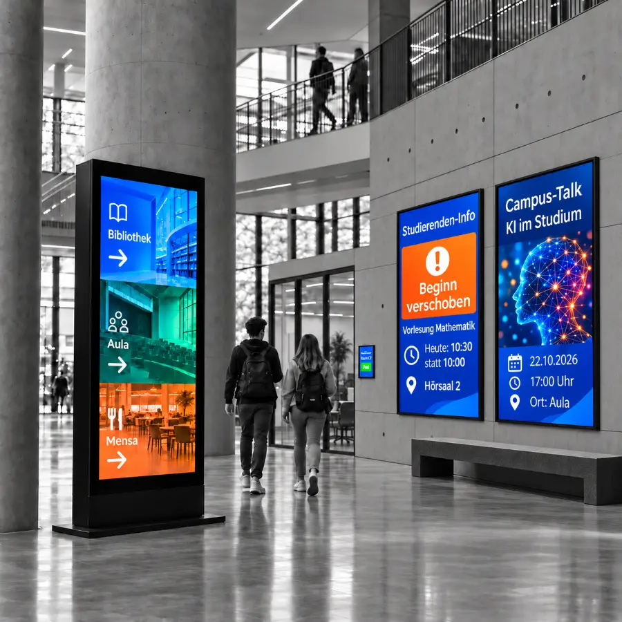 Infostele mit Wegweisern zu Bibliothek, Aula und Mensa sowie Wanddisplays mit einer Vorlesungsänderung und einem Campus-Termin.