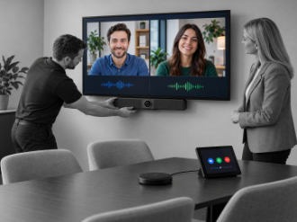 Zwei Personen im Besprechungsraum vor einem Display mit zwei zugeschalteten Teilnehmern und einer Videobar.