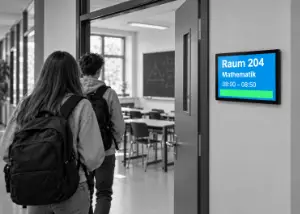 Schülerinnen und Schüler vor einem Klassenraum mit digitalem Türschild für Raum 204 und Unterrichtsinformationen.