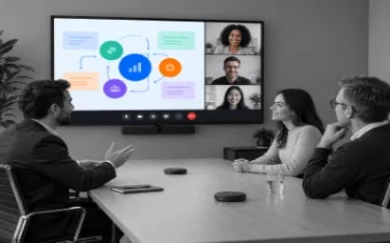 Drei Personen im Meetingraum betrachten ein Display mit einem farbigen Projektdiagramm und drei zugeschalteten Teilnehmern.