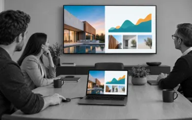 Drei Personen betrachten eine Präsentation mit Architekturaufnahmen und einem Diagramm auf Laptop und Konferenzdisplay.