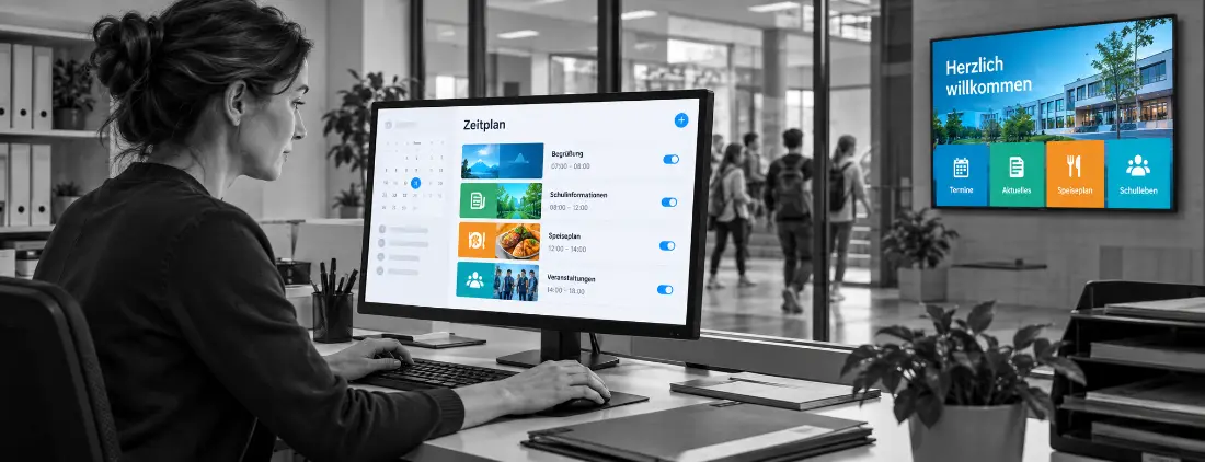 Mitarbeiterin plant Displayinhalte am Computer; daneben zeigt ein Schuldisplay eine Begrüßung und Informationen zum Schulalltag.